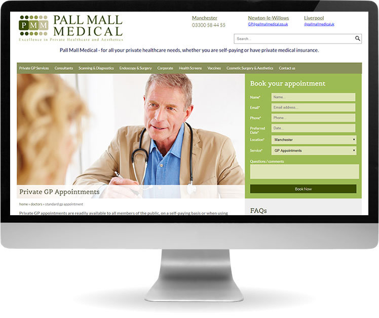 PC Monitor showing Pall Mall Medical home page website