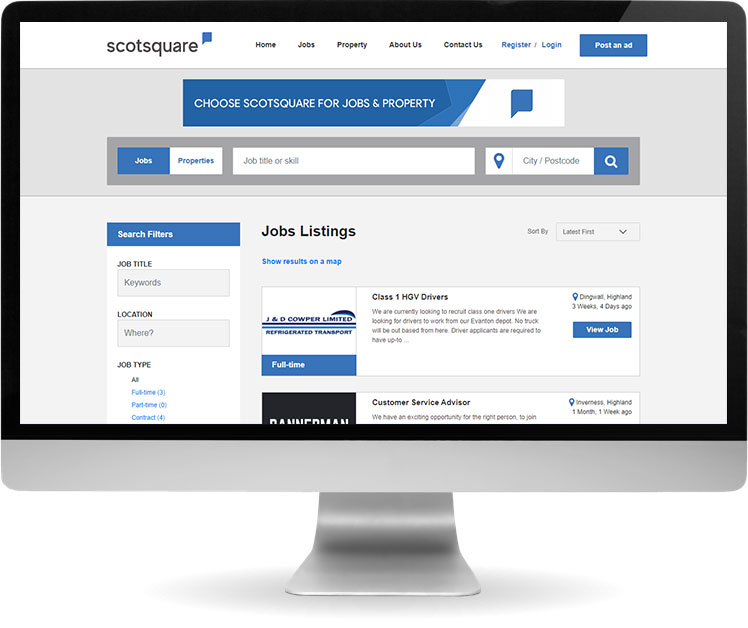 Desktop monitor showing Scotsquare job listing page.