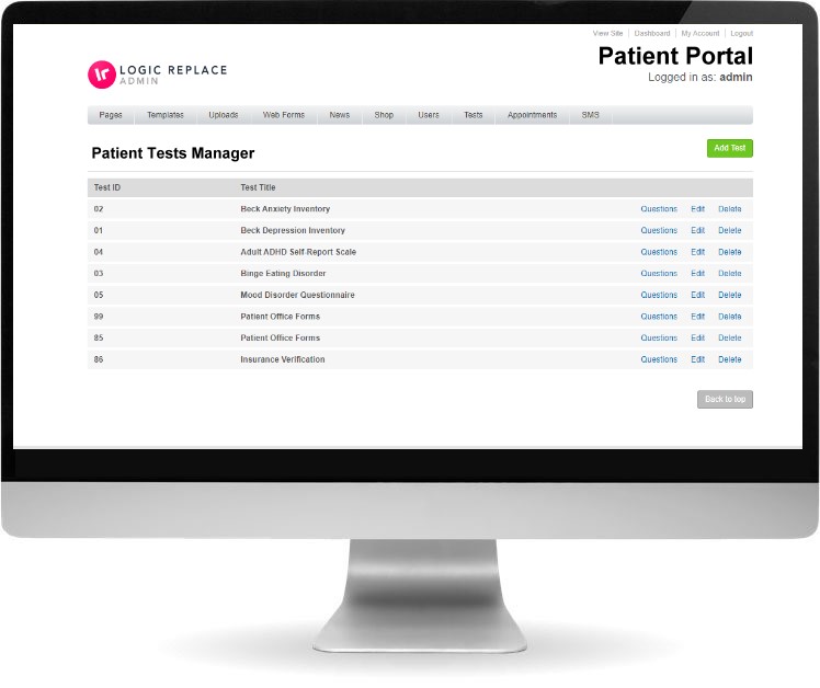 PC Monitor showing the admin user interface of Patient Portal website