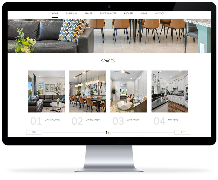 Computer monitor displaying the homepage of Dovetail Interiors, focused on the Spaces section.