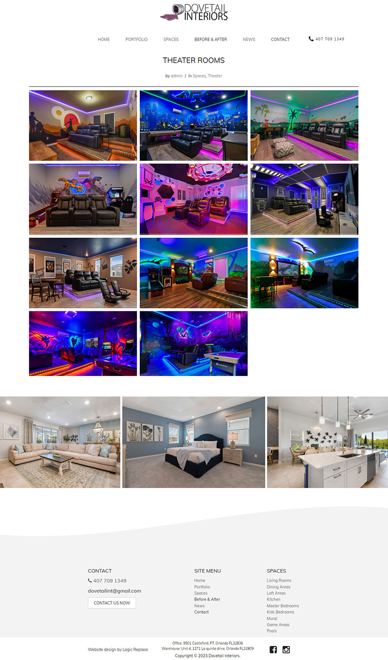 Dovetail Interiors theatre room page screenshot